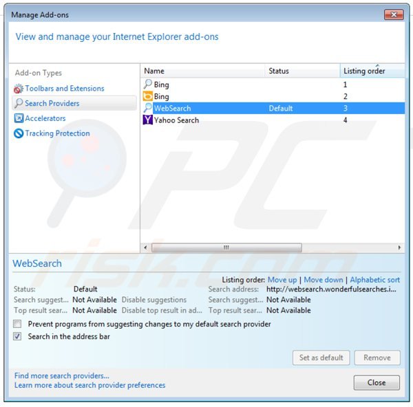 Usuwanie websearch.wonderfulsearches.info z domyślnej wyszukiwarki Internet Explorer