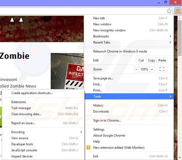 Usuwanie reklam Zombie News z Google Chrome krok 1