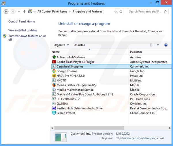 Deinstalacja adware Cartwheel Shopping poprzez Panel sterowania