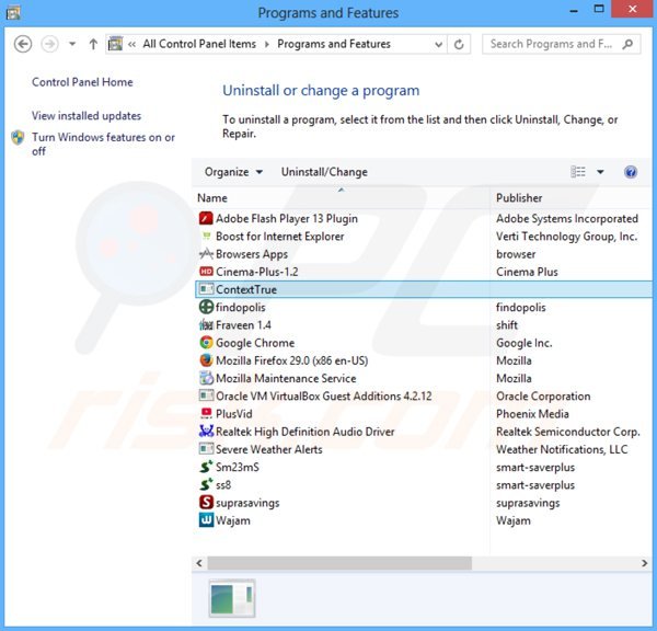 Deinstalacja adware contexttrue poprzez Panel sterowania