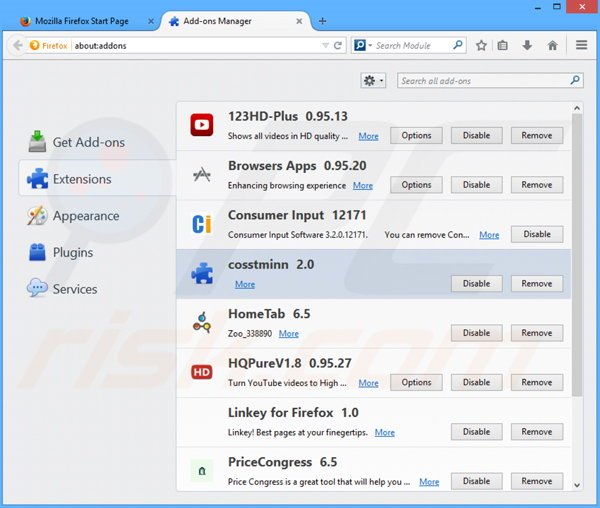 Usuwanie reklam cosstminn z Mozilla Firefox krok 2