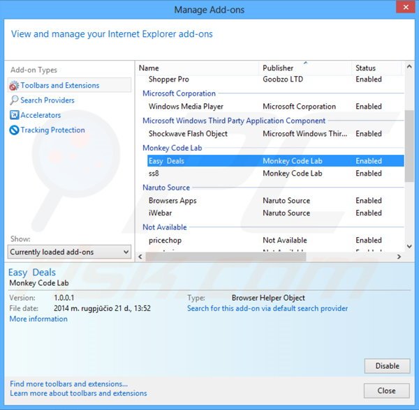 Usuwanie reklam Easy Deals z Internet Explorer krok 2