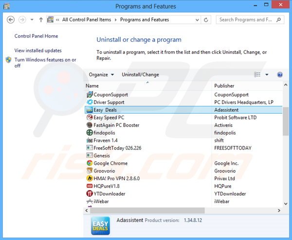 Deinstalacja adware Easy Deals poprzez Panel sterowania