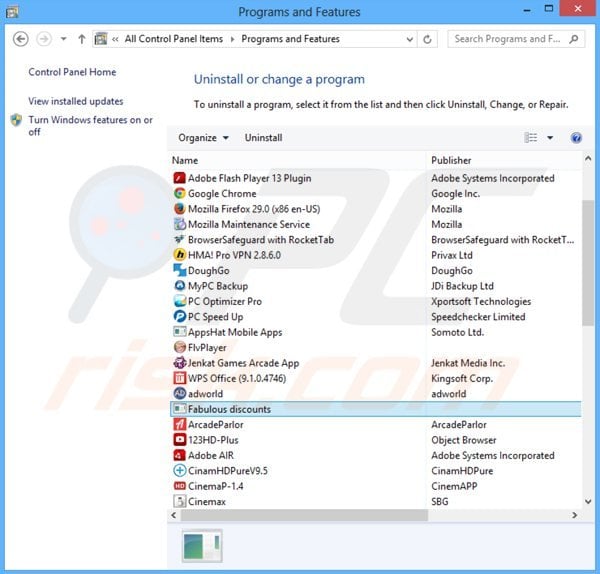 Deinstalacja adware fabulous discounts poprzez Panel sterowania