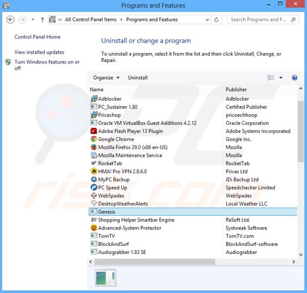 Deinstalacja adware genesis poprzez Panel sterowania