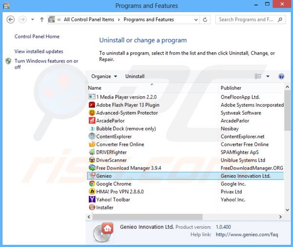 Deinstalacja porywacza przeglądarki search.genieo.com poprzez Panel sterowania