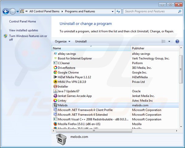 Deinstalacja adware Melodx poprzez Panel sterowania