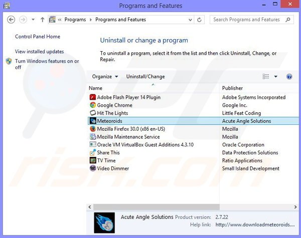 Deinstalacja adware Meteoroids poprzez Panel sterowania