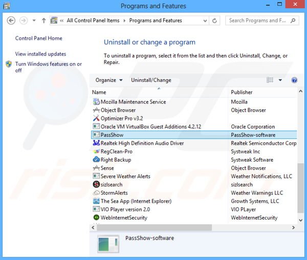 Deinstalacja adware PassShow poprzez Panel sterowania