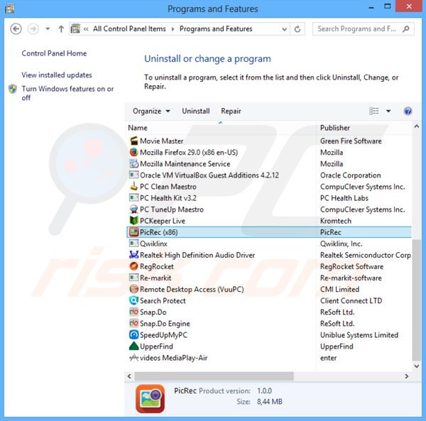 Deinstalacja adware picrec poprzez Panel sterowania