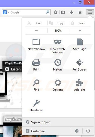 Usuwanie reklam Play now Radio z Mozilla Firefox krok 1