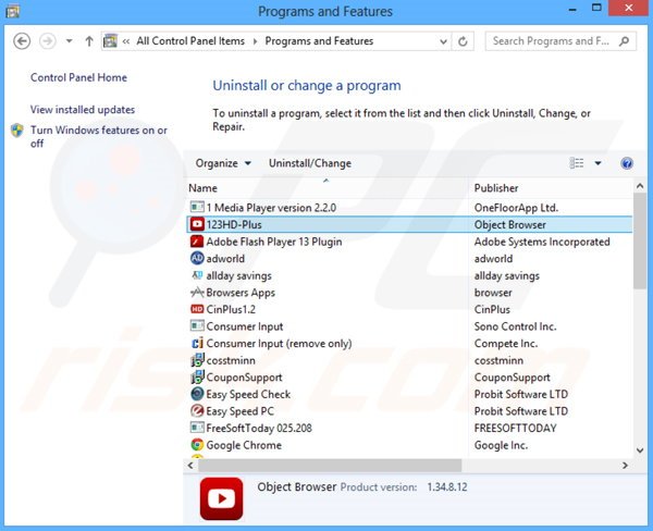 Deinstalacja adware 123HD-Plus poprzez Panel sterowania