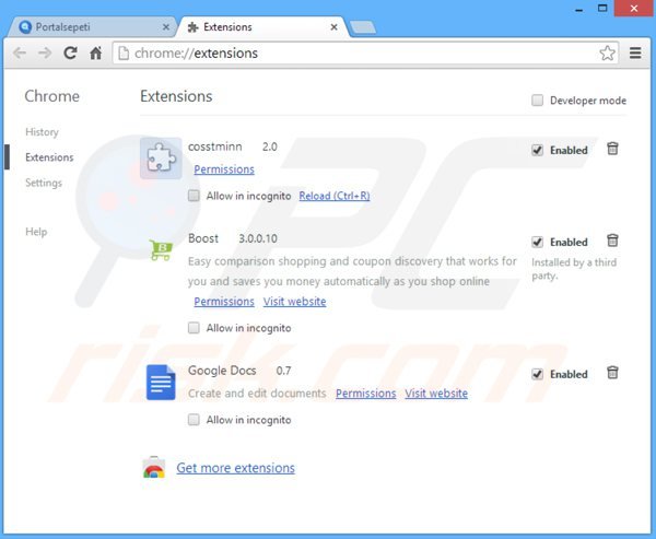 Usuwanie portalsepeti.com z powiązanych rozszerzeń Google Chrome