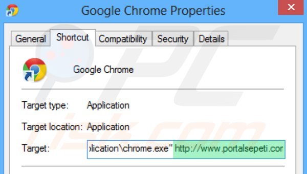 Usuwanie portalsepeti.com ze skrótu docelowego Google Chrome krok 2