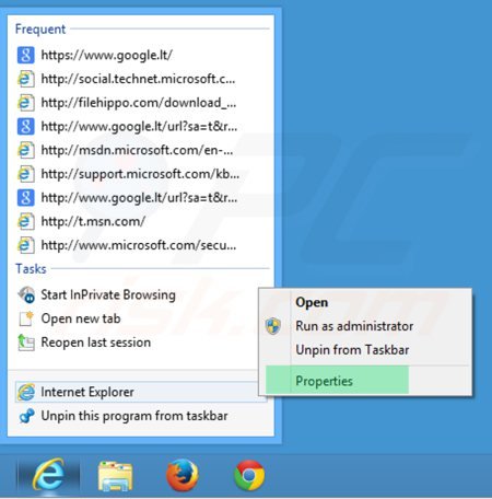 Usuwanie portalsepeti.com ze skrótu docelowego Internet Explorer krok 1