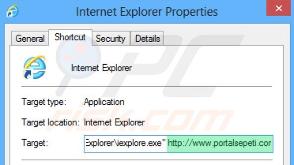 Usuwanie portalsepeti.com ze skrótu docelowego Internet Explorer krok 2