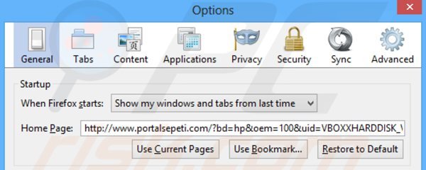 Usuwanie portalsepeti.com ze strony domowej Mozilla Firefox