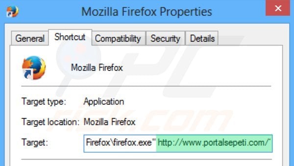 Usuwanie portalsepeti.com ze skrótu docelowego Mozilla Firefox krok 2
