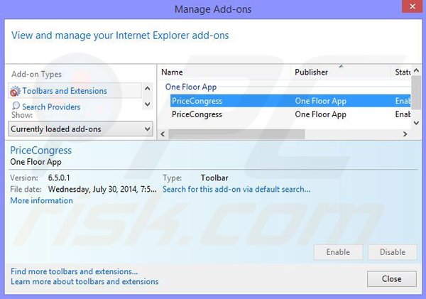Usuwanie reklam PriceCongress z Internet Explorer krok 2