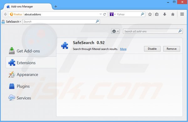 Usuwanie safesear.ch z powiązanych rozszerzeń Mozilla Firefox