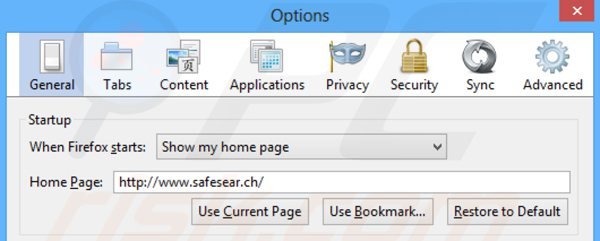 Usuwanie safesear.ch ze strony domowej Mozilla Firefox