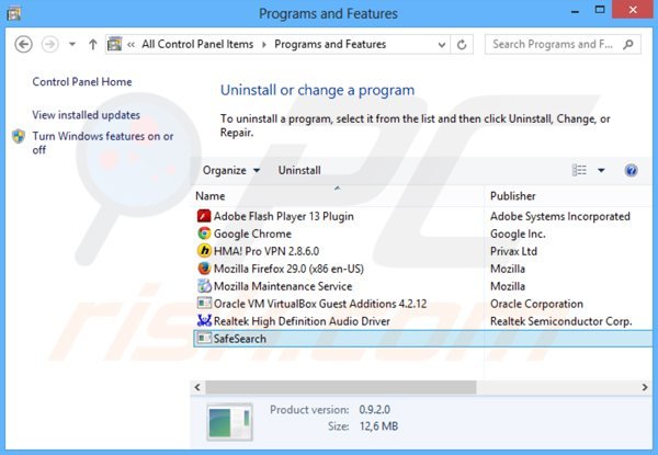 Deinstalacja porywacza przeglądarki safesear.ch poprzez Panel sterowania