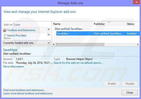 Usuwanie reklam SaveMass z Internet Explorer krok 2