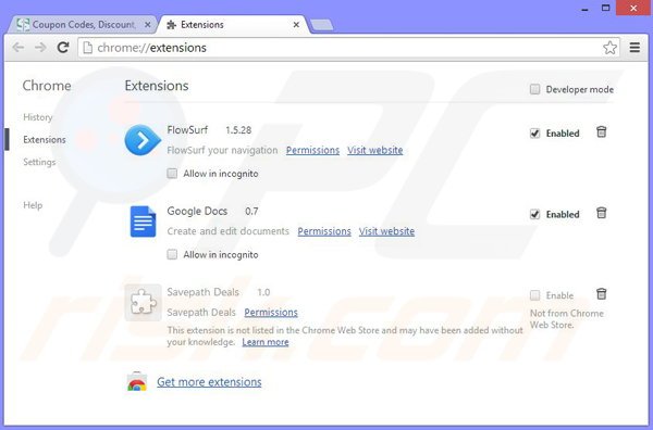 Usuwanie reklam Savepath Deals z Google Chrome krok 2