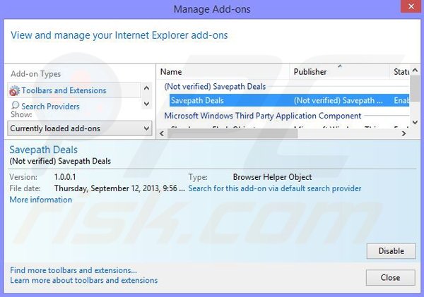 Usuwanie reklam Savepath Deals z Internet Explorer krok 2