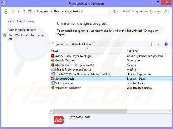 Deinstalacja adware Savepath Deals poprzez Panel sterowania