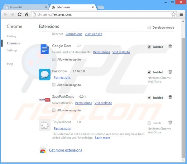 Usuwanie reklam tinywallet z Google Chrome krok 2