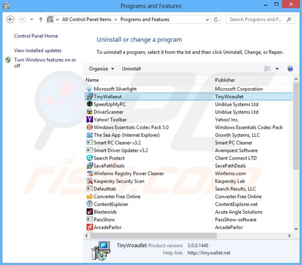 Deinstalacja adware tinywallet poprzez Panel sterowania