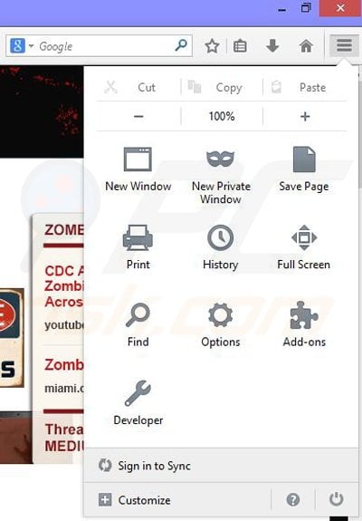 Removing Zombie Invasion ads from Mozilla Firefox step 1