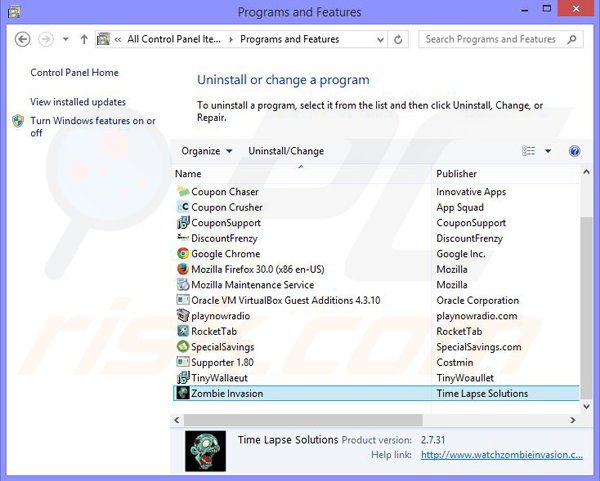 Zombie Invasion adware uninstall via Control Panel