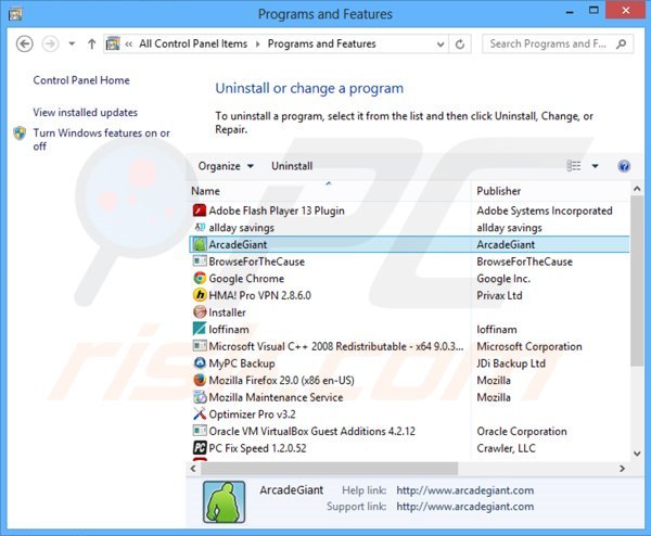 Deinstalacja adware ArcadeGiant poprzez Panel sterowania