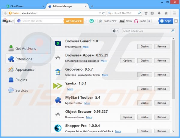 Usuwanie adware powiązanego z CloudGuard z Mozilla Firefox krok 2