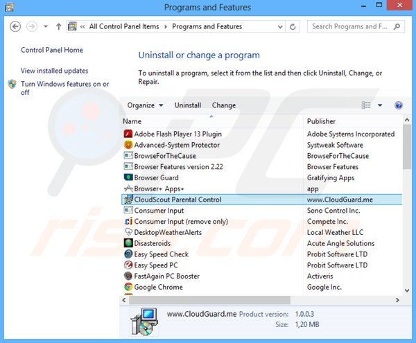 Deinstalacja adware CloudGuard poprzez Panel sterowania