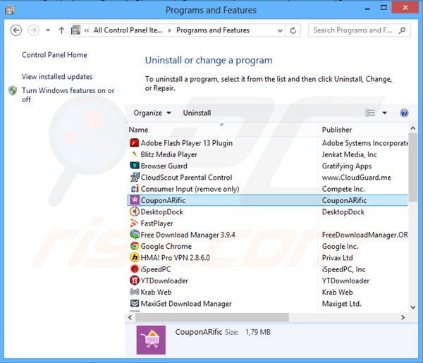 Deinstalacja adware couponarific poprzez Panel sterowania