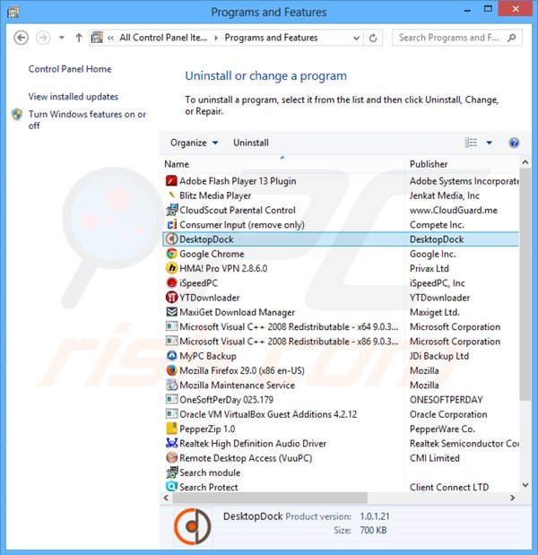 Deinstalacja adware DesktopDock poprzez Panel sterowania