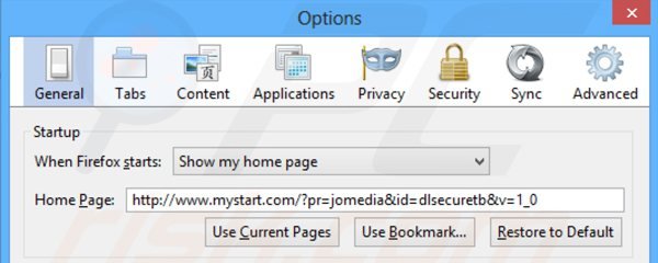 Usuwanie przekierowania dlsecure ze strony domowej Mozilla Firefox