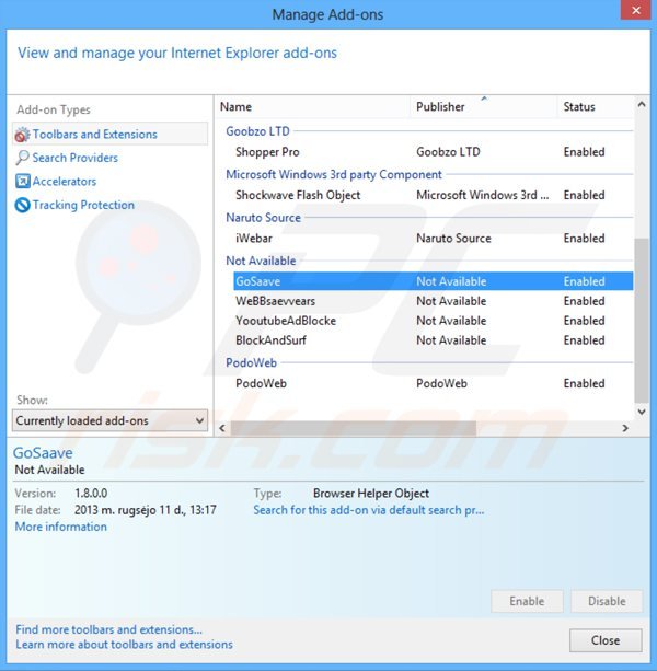 Usuwanie reklam GoSave z Internet Explorer krok 2
