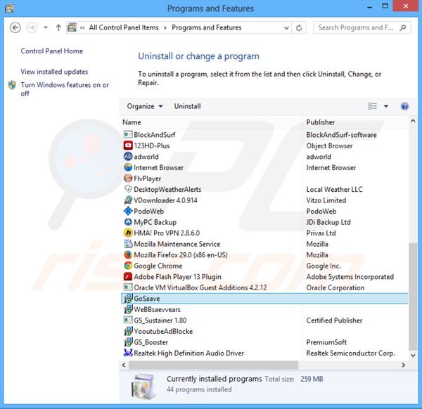 Deinstalacja adware GoSave poprzez Panel sterowania