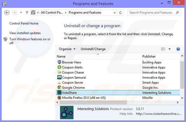 Deinstalacja adware Insta Share poprzez Panel sterowania