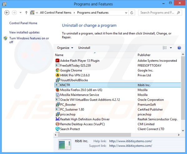 Deinstalacja adware KNCTR poprzez Panel sterowania