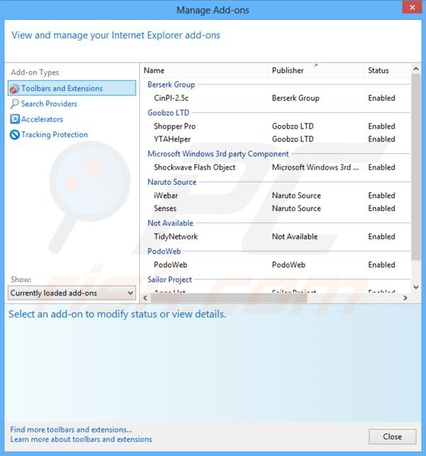 Usuwanie reklam StormWatch z Internet Explorer krok 2