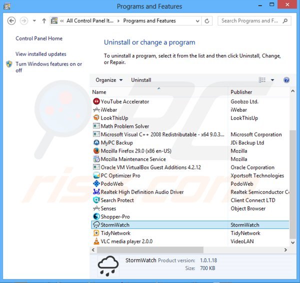 Deinstalacja adware StormWatch poprzez Panel sterowania