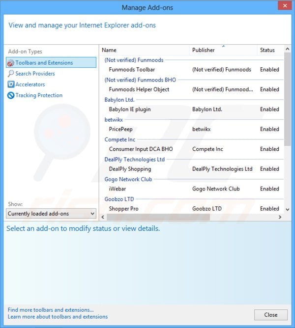 Usuwanie paska narzędzi mysearchs z rozszerzeń Internet Explorer