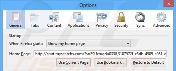 Usuwanie start.mysearchs.com ze strony domowej Mozilla Firefox