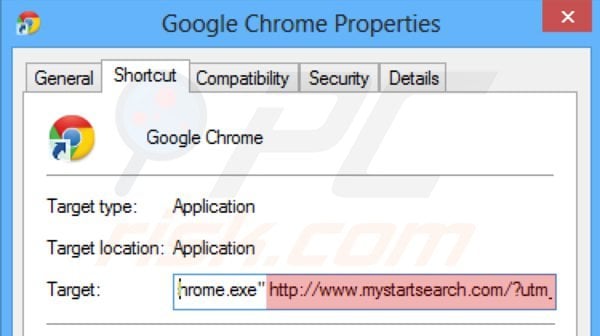 Usuwanie mystartsearch.com ze skrótu docelowego Google Chrome krok 2