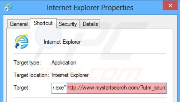 Usuwanie mystartsearch.com ze skrótu docelowego Internet Explorer krok 2